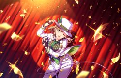 Rule 34 | 1girl, artist request, brown hair, confetti, earrings, fingerless gloves, gloves, green eyes, hat, idolmaster, idolmaster cinderella girls, idolmaster cinderella girls starlight stage, jacket, jewelry, microphone, microphone stand, nail polish, necktie, official art, one eye closed, pants, ring, smile, solo, vintage microphone, white hat, white jacket, white pants, yanagi kiyora