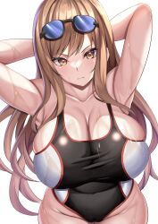 Rule 34 | 1girl, absurdres, armpits, arms behind head, black one-piece swimsuit, breasts, bursting breasts, cleavage, closed mouth, covered navel, full body, goddess of victory: nikke, groin, highres, large breasts, light brown hair, long hair, one-piece swimsuit, orange eyes, parapetto, rapi (classic vacation) (nikke), rapi (nikke), skindentation, solo, standing, swimsuit, thighs