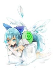Rule 34 | 1girl, bad id, bad twitter id, barefoot, bent over, blue dress, blue eyes, blue hair, bow, circled 9, cirno, dress, full body, hair bow, hand fan, ice, ice cube, ice wings, matching hair/eyes, neck ribbon, no-kan, pout, ribbon, short hair, short sleeves, simple background, solo, sweat, touhou, white background, wings
