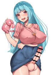 Rule 34 | 1futa, absurdres, arm under breasts, artificial vagina, blue hair, blue shirt, blush, breasts, censored, clothes lift, covered erect nipples, cowboy shot, erection, futanari, futatama tsukasa, heart, heart-shaped pupils, high-waist skirt, highres, indie virtual youtuber, large breasts, light blue hair, long hair, looking at viewer, negi (takuya t), open mouth, orange eyes, penis, pink shirt, sex toy, shirt, simple background, skirt, skirt lift, smile, solo, symbol-shaped pupils, testicles, virtual youtuber, white background