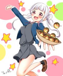 Rule 34 | 1girl, arashi chisato, blazer, blue jacket, blush, breasts, double bun, dress, food, grey shirt, grey skirt, hair bun, highres, holding, jacket, loafers, long hair, looking at viewer, love live!, love live! superstar!!, medium breasts, open clothes, open jacket, open mouth, pinafore dress, red eyes, round teeth, ryopa, school uniform, shirt, shoes, skirt, sleeveless dress, smile, solo, standing, standing on one leg, takoyaki, teeth, white hair