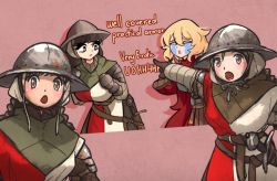 Rule 34 | 4girls, :o, armor, blonde hair, borrowed character, centurii-chan, centurii-chan (artist), crying, emoji, english text, female focus, gambeson, gauntlets, helmet, ironlily, long hair, looking at viewer, medieval, meme, multiple girls, open mouth, original, pink background, pointing, sheath, short hair, standing, sword, tareme, two soyjaks pointing (meme), uohhhhhhhhh! (meme), weapon
