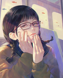 Rule 34 | 1girl, artist name, black-framed eyewear, black hair, blue sailor collar, blunt bangs, braid, commentary, commentary request, ear focus, english commentary, fingernails, fish, glasses, hands on own face, hands up, highres, light smile, lips, long hair, long sleeves, looking at viewer, nail polish, nose, original, sailor collar, school uniform, serafuku, shadow, signature, solo focus, striped, tajima yukie, train interior, twin braids, upper body
