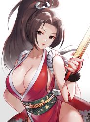 Rule 34 | 1girl, absurdres, bare shoulders, breasts, brown hair, cleavage, closed mouth, collarbone, commentary request, fatal fury, female focus, fingernails, folded fan, folding fan, hand fan, hand on own hip, highleg, highres, holding, holding fan, japanese clothes, large breasts, long hair, looking at viewer, makeup, ninja, obi, parted bangs, ponytail, revealing clothes, rikihana momo, rope, sash, shiny skin, shiranui mai, sideboob, signature, simple background, smile, snk, the king of fighters, thighs, upper body