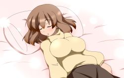 Rule 34 | 1girl, bad id, bad pixiv id, bed, bed sheet, breasts, brown hair, closed eyes, female focus, highres, huge breasts, impossible clothes, impossible shirt, kaz (shade), lying, makihara nodoka, on back, original, pillow, shirt, skirt, sleeping, solo, sweater, turtleneck