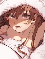 Rule 34 | 10s, 1girl, ashigara (kancolle), blush, breasts, brown eyes, brown hair, chromatic aberration, cleavage, comforter, commentary, fangs, hair between eyes, ikarin, kantai collection, looking at viewer, lying, medium breasts, on stomach, smile, solo, under covers