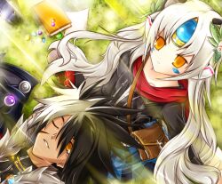 Rule 34 | 1boy, 1girl, alternate costume, black hair, book, clairsh, code: nemesis (elsword), elsword, eve (elsword), facial mark, forehead jewel, grass, grey hair, hair ornament, jacket, jewelry, lap pillow, long hair, looking at viewer, lying, mechanical ears, multicolored hair, necklace, on back, one eye closed, raven cronwell, reckless fist (elsword), red scarf, scar, scarf, sitting, smile, spiked hair, two-tone hair, white hair, yellow eyes