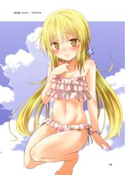 Rule 34 | 1girl, absurdres, alternate costume, arm at side, bare arms, bare shoulders, barefoot, bikini, blonde hair, blush, bracelet, breasts, character name, cloud, cloudy sky, collarbone, day, dog tags, earrings, eyebrows, flying sweatdrops, frilled bikini, frills, full body, groin, hair between eyes, hair ornament, hand on own chest, head tilt, highres, jewelry, kantai collection, layered bikini, long hair, looking at viewer, low twintails, navel, necklace, non-web source, outside border, satsuki (kancolle), satsuki kai ni (kancolle), side-tie bikini bottom, sidelocks, sky, small breasts, solo, squatting, star (symbol), star earrings, stomach, sweat, sweatdrop, swimsuit, twintails, yellow eyes, yua (checkmate)