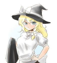 Rule 34 | 1girl, abekawa, blonde hair, blue eyes, blush, bow, braid, breasts, female focus, frown, gradient background, hand on own hip, hat, hip focus, kirisame marisa, shirt, solo, touhou, white background, witch, witch hat