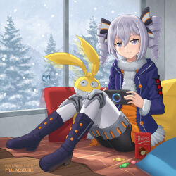 Rule 34 | 1girl, bronya zaychik, drill hair, fur scarf, grey eyes, grey hair, hair ribbon, highres, honkai (series), honkai impact 3rd, indoors, jacket, open clothes, open jacket, pillow, pralinesquire, ribbon, scenery, shoes, sitting, snowing, stuffed toy, twin drills, twintails, winter