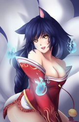 Rule 34 | 1girl, ahri (league of legends), alternate hair color, animal ears, bad id, bad tumblr id, bare shoulders, black hair, breasts, cleavage, detached sleeves, facial mark, fang, fox ears, fox tail, highres, korean clothes, large breasts, league of legends, lips, long hair, multiple tails, open mouth, slit pupils, solo, tail, whisker markings, yellow eyes