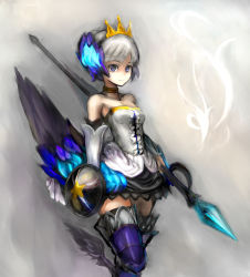 Rule 34 | 1girl, armor, armored dress, bare shoulders, blue eyes, boots, conjaku, crown, dress, elbow gloves, gloves, grey background, gwendolyn (odin sphere), highres, light smile, multicolored wings, odin sphere, polearm, solo, spear, steptanz, strapless, strapless dress, thigh boots, thighhighs, weapon, white hair, wings, zettai ryouiki