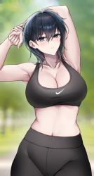 Rule 34 | 1girl, absurdres, armpits, arms up, bare arms, bare shoulders, black hair, black pants, blue eyes, blurry, blurry background, blush, borrowed character, breasts, cleavage, collarbone, commentary, crop top, foxie30, hair between eyes, highres, large breasts, leggings, looking at viewer, midriff, navel, original, outdoors, pants, parted lips, short hair, solo, sports bra, stomach, upper body, yokoyama ishimi