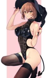 Rule 34 | 1girl, alternate costume, black footwear, black hat, black leotard, black thighhighs, breasts, brown hair, clothing cutout, demon tail, fishnet thighhighs, fishnets, green eyes, hair between eyes, halloween costume, hand on headwear, hat, highleg, highleg leotard, highres, kantai collection, kasumi (skchkko), leotard, looking at viewer, medium breasts, mutsu (kancolle), open mouth, short hair, solo, tail, thighhighs, two-tone background, witch, wizard hat