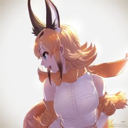 Rule 34 | 10s, animal ears, bare shoulders, black hair, blouse, blue eyes, bow, bowtie, caracal (kemono friends), clenched hands, commentary request, elbow gloves, gloves, kemono friends, light brown hair, multicolored hair, orange bow, orange bowtie, shirt, short hair, sidelocks, sleeveless, sleeveless shirt, solo, tail, takami masahiro, traditional bowtie, watermark, web address, white hair, white shirt