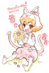 Rule 34 | 1girl, :d, animal ears, barefoot, bell, blonde hair, cake, cat ears, cat tail, collar, color trace, eating, feet, food, food on face, fruit, japanese clothes, kimono, mayu (nekogami yaoyorozu), multiple tails, nekogami yaoyorozu, nishida asako, open mouth, paw print, red eyes, short hair, sitting, smile, soles, solo, strawberry, tail, toes