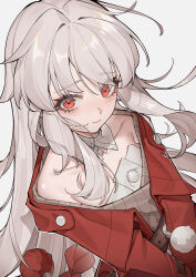 Rule 34 | 1girl, absurdres, clara (honkai: star rail), closed mouth, collar, collarbone, commentary request, detached collar, grey background, grey hair, highres, honkai: star rail, honkai (series), jacket, long hair, long sleeves, looking at viewer, pom pom (clothes), red eyes, red jacket, single bare shoulder, solo, upper body, white collar, yuk233