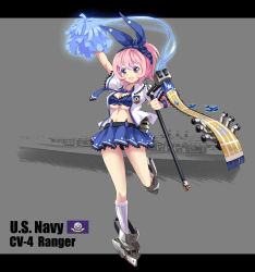 Rule 34 | 1girl, absurdres, character name, english text, hairband, highres, letterboxed, md5 mismatch, midriff, necktie, official art, photo background, pink hair, pleated skirt, ranger (warship girls r), shirt, sirills, skirt, solo, uss ranger, uss ranger (cv-4), uss ranger (cv-61), warship girls r, zhan jian shaonu