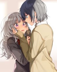 Rule 34 | 2girls, aqua eyes, blush, closed mouth, collared shirt, eye contact, grey hair, hands on another&#039;s cheeks, hands on another&#039;s face, highres, looking at another, multiple girls, open mouth, original, purple eyes, school uniform, shade, shigure ui, shirt, short hair, sleeves past wrists, sweater, swept bangs, upper body, wavy hair, white shirt, yuri
