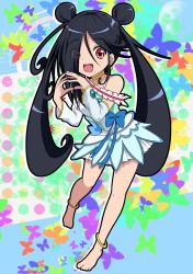 Rule 34 | 1girl, :d, anklet, azumawari (azumofu), barefoot, black hair, bow, choker, cosplay, detached sleeves, double bun, feet, full body, hair over one eye, happy, jewelry, long hair, looking at viewer, magical girl, open mouth, own hands together, parody, precure, red eyes, ribbon, skirt, smile, solo, the ring, toes, twintails, yamamura sadako
