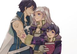 Rule 34 | 1girl, 2boys, blue eyes, blue hair, book, chrom (fire emblem), cloak, family, father and son, fire emblem, fire emblem awakening, holding, holding book, hug, husband and wife, morgan (fire emblem), morgan (male) (fire emblem), mother and son, multiple boys, nintendo, renkonmatsuri, robin (female) (fire emblem), robin (fire emblem), simple background, smile, twintails, white background, white hair