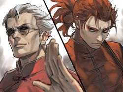 Rule 34 | 2boys, changpao, chinese clothes, fate (series), grey hair, hair slicked back, imperial head guard (fate/grand order), li shuwen (fate), li shuwen (old) (fate), li shuwen (young) (fate), male focus, multiple boys, ponytail, red eyes, red hair, rott ur, sunglasses, tangzhuang