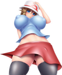 Rule 34 | 1girl, :3, bad id, bad pixiv id, blue eyes, blush, breasts, brown hair, creatures (company), female focus, from below, game freak, harumi (harumix), hat, impossible clothes, impossible shirt, large breasts, leaf (pokemon), long hair, midriff, nintendo, nipples, panties, pokemon, porkpie hat, shirt, skirt, smile, socks, solo, thighhighs, underwear, white background