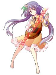 Rule 34 | 1girl, alphes (style), barefoot, biwa lute, chain, dairi, dress, expressions, flower, full body, hair flower, hair ornament, instrument, long sleeves, looking at viewer, lute (instrument), musical note, parody, purple eyes, purple hair, short hair with long locks, smile, solo, style parody, tachi-e, touhou, transparent background, tsukumo benben