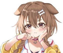 Rule 34 | 1girl, :t, animal collar, animal ears, blush, bone hair ornament, bracelet, braid, brown eyes, brown hair, collar, dog ears, dog girl, dress, hair between eyes, hair ornament, hairclip, hand on own cheek, hand on own face, head rest, highres, hololive, inugami korone, inugami korone (1st costume), jacket, jewelry, long hair, looking at viewer, low twin braids, off shoulder, portrait, pout, red collar, shiro hebi rei, simple background, solo, twin braids, twintails, virtual youtuber, white background, white dress, yellow jacket