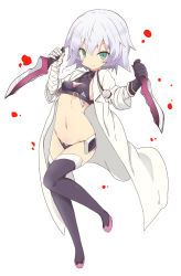 Rule 34 | &gt;:), 1girl, bandaged arm, bandages, black gloves, black panties, black shirt, black thighhighs, boots, breasts, cleavage, cleavage cutout, closed mouth, clothing cutout, crop top, dual wielding, fate/apocrypha, fate (series), full body, gloves, green eyes, holding, holding knife, holding weapon, itamochi, jack the ripper (fate/apocrypha), knife, lab coat, midriff, navel, panties, scar, shirt, short hair, silver hair, simple background, single glove, sleeveless, sleeveless shirt, small breasts, smile, stethoscope, stitches, string panties, thigh boots, thighhighs, turtleneck, underwear, v-shaped eyebrows, weapon, white background