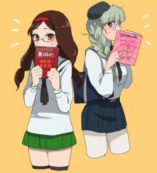 Rule 34 | 10s, 2girls, alternate hairstyle, anchovy (girls und panzer), anzio school uniform, bad id, bad pixiv id, bag, belt, beret, bespectacled, black-framed eyewear, black hat, black legwear, black neckwear, black skirt, blouse, book, braid, brown eyes, brown hair, carrying, coke-bottle glasses, covering own mouth, cowboy shot, cropped legs, dress shirt, girls und panzer, glasses, green hair, green skirt, hair over shoulder, hao (udon), hat, headband, holding, holding book, long hair, long sleeves, looking at viewer, low-tied long hair, miniskirt, multiple girls, neckerchief, necktie, notice lines, ooarai school uniform, orange background, pantyhose, pleated skirt, red eyes, red headband, round eyewear, saemonza (girls und panzer), school bag, school uniform, serafuku, shirt, simple background, single braid, skirt, standing, sweatdrop, swept bangs, thighhighs, translation request, twintails, unusually open eyes, white legwear, white shirt