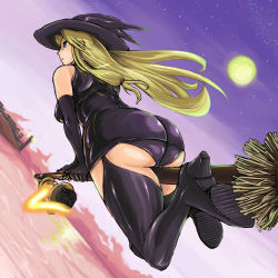 Rule 34 | 1girl, ass, blonde hair, blue eyes, boots, broom, flying, glasses, gloves, hat, huge ass, lantern, long hair, nomiya37564, panties, pantyshot, solo, thigh boots, thighhighs, underwear, witch, witch hat