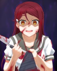 Rule 34 | 10s, 1girl, :d, aura, blood, blood on clothes, blood on face, blood on hands, bloody knife, breasts, brown hair, collarbone, commentary request, dark aura, hair between eyes, hair ornament, hairclip, highres, holding, holding knife, kannazuki kenji, kitchen knife, knife, long hair, looking at viewer, love live!, love live! sunshine!!, medium breasts, neckerchief, necktie, necktie grab, neckwear grab, open mouth, pov, red hair, sakurauchi riko, school uniform, serafuku, shaded face, shirt, short sleeves, smile, solo focus, striped necktie, striped neckwear, swept bangs, upper body, white shirt, yandere