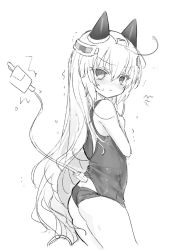 Rule 34 | 1girl, :t, ass, bare arms, bare shoulders, blush, closed mouth, greyscale, hair between eyes, hair ornament, indie virtual youtuber, long hair, looking at viewer, looking to the side, monochrome, official art, old school swimsuit, one-piece swimsuit, padko, pout, school swimsuit, shiodome oji, simple background, solo, swimsuit, tail, tail raised, trembling, very long hair, virtual youtuber, wet, wet hair, white background