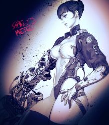Rule 34 | 1girl, android, arm cannon, artist name, blunt bangs, breasts, cleavage, closed mouth, collarbone, covered navel, cowboy shot, earrings, eyelashes, eyeliner, from side, hair bun, hand on own hip, highleg, highleg leotard, highres, jacket, jewelry, legs together, leotard, lips, makeup, mechanical arms, medium breasts, nose, open clothes, open jacket, original, profile, short hair, short sleeves, single hair bun, solo, ssaki metel, standing, stud earrings, thigh strap, thighhighs, weapon, white leotard