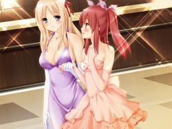 Rule 34 | 2girls, :d, blonde hair, blue eyes, blush, breasts, cleavage, dress, elbow gloves, eye contact, female focus, flat chest, formal, game cg, gloves, hair ribbon, holding hands, happy, jewelry, kani biimu, large breasts, long hair, looking at another, matsubara yuuna, multiple girls, necklace, oda nanami, open mouth, pink dress, pink gloves, purple dress, red eyes, red hair, ribbon, short hair, smile, sono hanabira ni kuchizuke wo, sparkle, strapless, strapless dress, twintails, white gloves, yuri