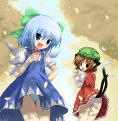 Rule 34 | 2girls, animal ears, ass, bad id, bad pixiv id, blue eyes, blue hair, bow, brown eyes, brown hair, cat ears, cat tail, chen, cirno, fang, hair bow, hat, looking back, multiple girls, multiple tails, panties, pila-pela, striped clothes, striped panties, tail, touhou, underwear, wings