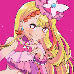 1girl blonde_hair blush braid brooch butterfly_hair_ornament closed_mouth cropped_shirt cure_butterfly earrings frilled_shirt frills gloves hair_ornament hat highres hijiri_ageha hirogaru_sky!_precure jewelry long_hair magical_girl meranoreuka_(pandapaca) midriff mob_cap multicolored_hair pink_background pink_eyes pink_gloves pink_hat pink_shirt precure shirt sleeveless sleeveless_shirt smile solo two-tone_hair upper_body wing_brooch wristband