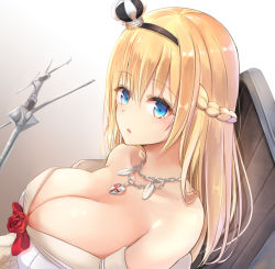 Rule 34 | 10s, 1girl, bare shoulders, blonde hair, blue eyes, braid, breasts, cleavage, crown, england, french braid, gradient background, hairband, jewelry, kantai collection, large breasts, long hair, looking at viewer, md5 mismatch, mini crown, naigou, necklace, neneru, off shoulder, open mouth, solo, union jack, united kingdom, upper body, warspite (kancolle)