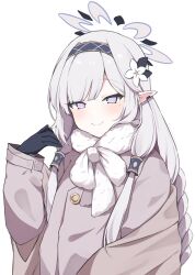 Rule 34 | 1girl, black gloves, black hairband, blue archive, blush, closed mouth, dress, flower, gloves, grey dress, grey hair, grey jacket, hair flower, hair ornament, hair tubes, hairband, halo, highres, himari (blue archive), jacket, long hair, long sleeves, looking at viewer, mole, mole under eye, murase48, pointy ears, purple eyes, simple background, smile, solo, striped clothes, striped hairband, upper body, white background, white flower
