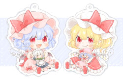 Rule 34 | 2girls, :q, apron, back bow, bat wings, blonde hair, blue hair, blue skirt, bow, character doll, closed mouth, comiket 90, crystal, fang, flandre scarlet, frilled skirt, frilled sleeves, frills, hair between eyes, hat, hat ribbon, izayoi sakuya, charm (object), looking at viewer, maid apron, maid headdress, maru usagi, medium hair, mob cap, multicolored wings, multiple girls, open mouth, pink headwear, pink shirt, pink skirt, pointy ears, puffy short sleeves, puffy sleeves, red bow, red eyes, red footwear, red ribbon, red skirt, red vest, remilia scarlet, ribbon, sample watermark, shirt, shoe soles, short sleeves, simple background, skirt, skirt set, sleeve ribbon, tongue, tongue out, touhou, vest, watermark, white apron, white background, white bow, white headwear, white shirt, wings