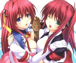 Rule 34 | 00s, 2girls, 5pb., :d, :o, artist request, beat angel escalayer, belt, between breasts, blue eyes, blush, breast press, breasts, brooch, cleavage, crossover, dress, elbow gloves, embarrassed, escalayer, gloves, green eyes, guitar, hair ornament, instrument, jewelry, kouenji sayuka, large breasts, long hair, magical girl, multiple girls, necktie, no bra, one eye closed, open mouth, pastel chime, pastel chime continue, pink hair, pleated skirt, red hair, rindou rinna, school uniform, sexually suggestive, short dress, skirt, smile, symmetrical docking, turtleneck, very long hair, wink, yuri