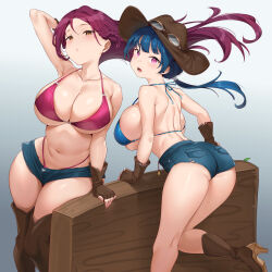Rule 34 | 2girls, alternate breast size, arm up, armpits, ass, bare shoulders, blue hair, blue shorts, blush, boots, breasts, brown eyes, brown footwear, brown gloves, brown headwear, cleavage, gloves, hat, highres, knee boots, kneehighs, large breasts, looking at viewer, love live!, love live! sunshine!!, multiple girls, navel, open mouth, purple eyes, purple hair, sakurauchi riko, short shorts, shorts, socks, tem10, thigh boots, thighs, tsushima yoshiko, underboob