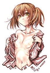 Rule 34 | 1girl, absurdres, bare shoulders, breasts, brown hair, collarbone, green eyes, highres, kotoba noriaki, navel, nipples, off shoulder, original, ribs, short hair, short twintails, simple background, sketch, small breasts, smile, solo, twintails, undressing, white background