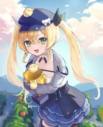Rule 34 | 1girl, :d, blue hat, blue skirt, cloud, cowboy shot, day, dokibird (vtuber), fingerless gloves, gloves, green eyes, grey jacket, hat, highres, holding, holding trophy, indie virtual youtuber, jacket, long hair, long sleeves, looking at viewer, monoupa, open mouth, outdoors, skirt, smile, solo, tomato, trophy, twintails, virtual youtuber