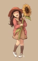 Rule 34 | 1girl, :d, ^ ^, absurdres, blush, brown hair, closed eyes, dicorndl, dress, flower, hat, highres, long hair, open mouth, original, pigeon-toed, shoes, smile, socks, solo, sunflower