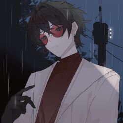 1boy black_eyes black_gloves black_hair chinese_commentary closed_mouth commentary_request crossed_bangs earrings glasses gloves hair_between_eyes highres jacket jewelry li_yuting_(male) male_focus mole mole_under_each_eye mole_under_eye multiple_moles night open_clothes open_jacket outdoors power_lines rain red-tinted_eyewear red_shirt round_eyewear shirt solo tinted_eyewear touqi_guaitan upper_body utility_pole white_jacket yusi978954