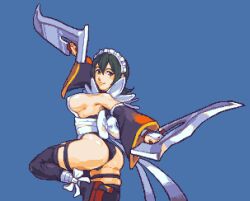 Rule 34 | 1girl, artist request, ass, black hair, blue background, breasts, butterfly swords, curvy, detached sleeves, dual wielding, glaceo, hair between eyes, hair ornament, hairclip, highleg, highleg leotard, holding, holding weapon, huge ass, iroha (samurai spirits), large breasts, leg up, leotard, leotard under clothes, looking at viewer, maid, maid headdress, pixel art, revealing clothes, samurai spirits, sandals, short hair, sideboob, simple background, solo, thighhighs, thong leotard, unconventional maid, weapon, wide hips, zouri