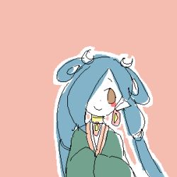 Rule 34 | 00s, 1girl, blue hair, blush, blush stickers, brown eyes, gankutsuou, hair over one eye, happy, haydee (gankutsuou), long hair, lowres, oekaki, outline, pointy ears, simple background, smile, solo