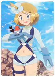 Rule 34 | 1girl, absurdres, blonde hair, blue eyes, blue gloves, blue ribbon, blush, breasts, cosplay, cowboy shot, creatures (company), day, fletchling, game freak, gazing eye, gen 6 pokemon, gloves, highres, holster, midriff, navel, nintendo, open mouth, pokemon, pokemon (anime), pouch, ribbon, serena (pokemon), short hair, shorts, sky, skyla (pokemon), skyla (pokemon) (cosplay), smile, solo, sparkle, thigh holster, thigh pouch, thigh strap